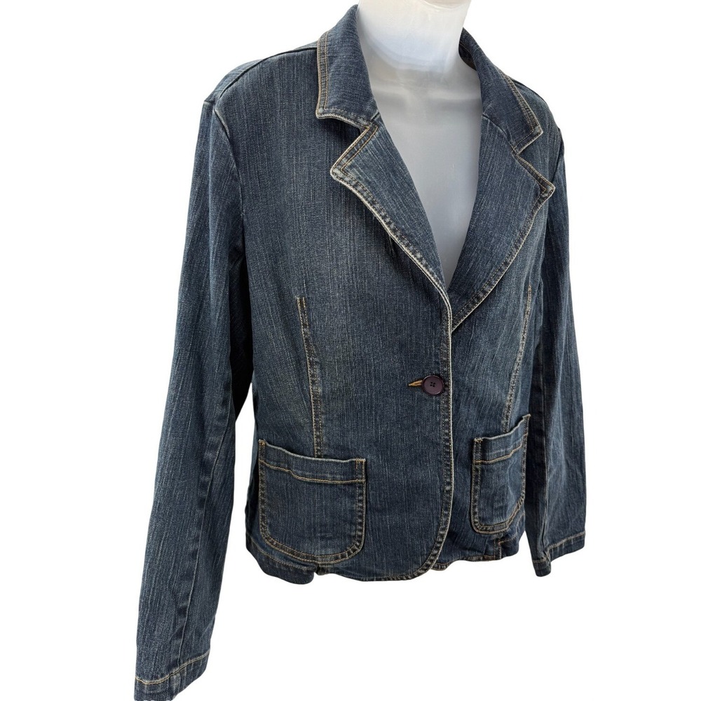 Talbots Petites Womens Denim Blazer Jacket Single Button Dark Wash Size 14P